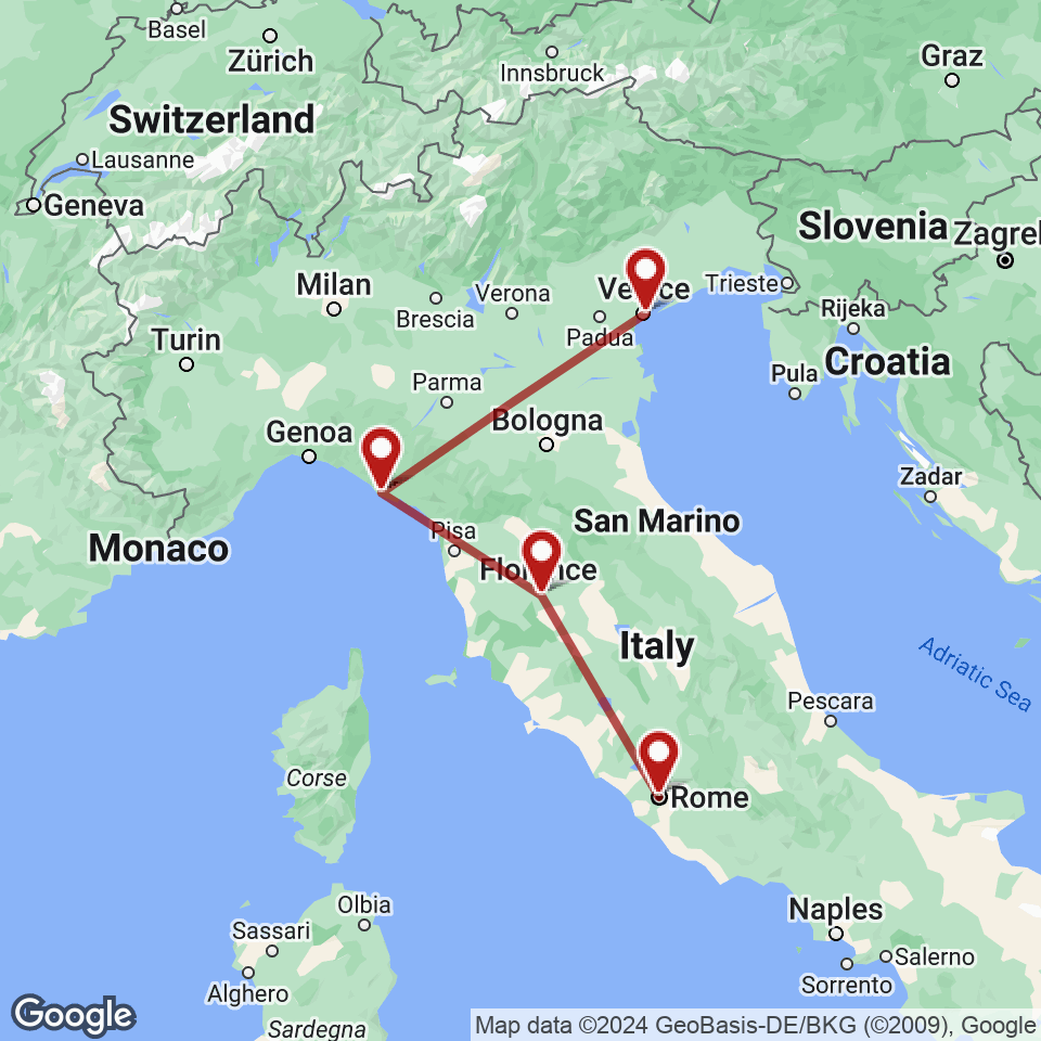 Route for Rome, Castellina in Chianti, Monterosso Al Mare, Venice tour